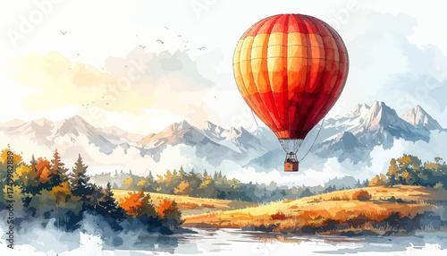 Hot air balloon over mountains and river landscape