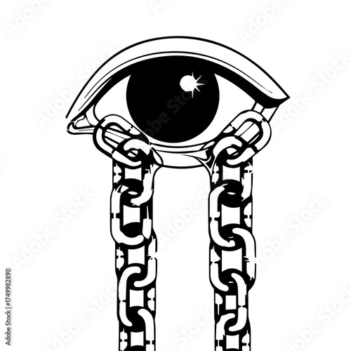 Symbolic Black and White Eye with Chain Tears, Detailed Illustration.