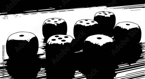Group of Six Dice with White Spots and Rounded Edges, Black and White.