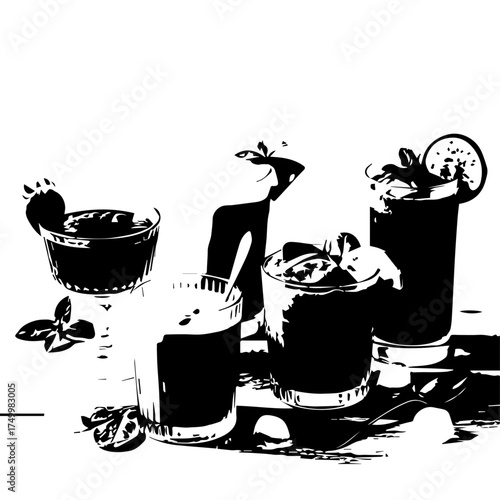 Group of Refreshing Cocktails in Various Glasses with Garnishes.