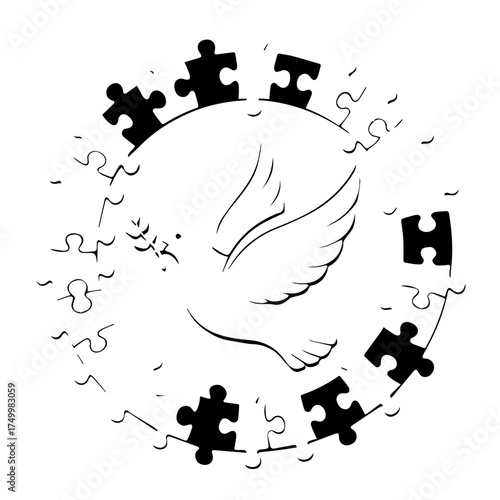 Symbolic Dove of Peace with Olive Branch Surrounded by Puzzle Pieces.