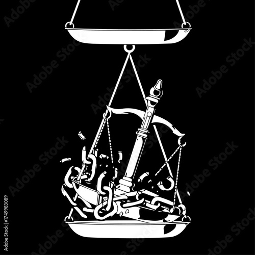 Symbolic Illustration of a Scale Balancing an Anchor and Chains, Monochrome Design.