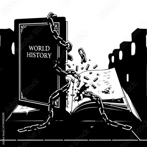 Symbolic Illustration of a World History Book Breaking Free from Chains.