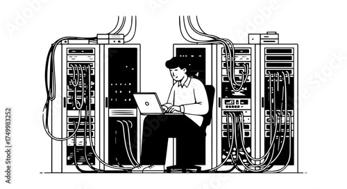 Technician Working on Laptop Amidst Server Racks with Cables and Wires.