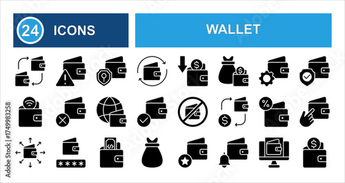 Wallet icons set showing key features like transfer, expense, security, interest, global use, management, money, alerts, and shopping. Solid vector icons collection.