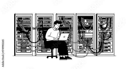 Technician Working on Laptop Amidst Server Racks with Tangled Cables, Illustration.