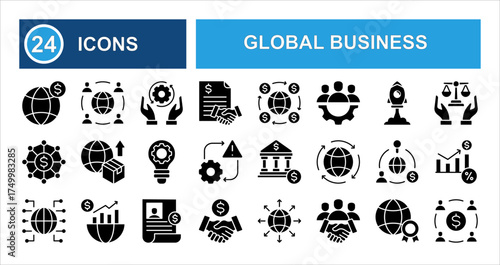 Global business icons set featuring trade, network, startup, online chat, money exchange, outsourcing, innovation, and globe. Solid vector icons collection.