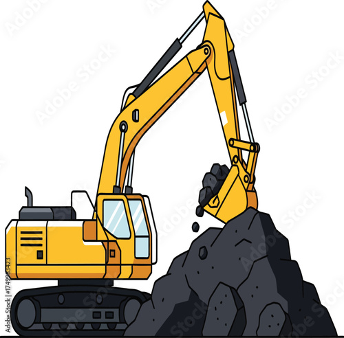 Vector, illustration of an excavator in a coal mining site, poster, printing, design, background, sticker