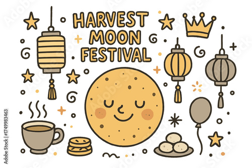 Harvest Moon Celebration. Harvest moon festival illustration doodle style: hand drawn moon with smile, lanterns, crown, star,