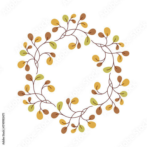Circular autumn wreath composed of delicate branches and warm-toned leaves. Ideal for invitation, greeting card, packaging or seasonal decor. Flat botanical vector illustration in minimal style.