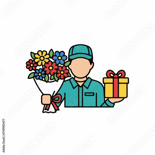 Flower delivery man in uniform holding colorful flower bouquet and gift box for special occasions. Flower delivery service with cheerful courier presenting blossoms and present,