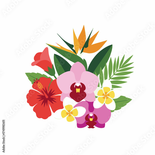 Tropical flowers arrangement showcases pink orchids, red hibiscus, and white plumeria, bringing to mind tropical flowers, lush greenery, and exotic blooms.