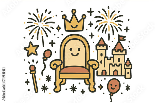 Magic Kingdom Celebration. Magic kingdom celebration illustration doodle style: hand drawn throne with smile, crown, star, balloon