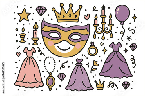 Royal Masquerade Doodle. Royal masquerade illustration doodle style: hand drawn mask with smile, crown, star, balloon, gowns,