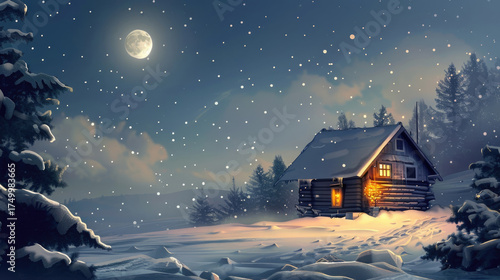 Vintage watercolor postcard for Christmas Eve depicting a small village house in a winter night landscape. Horizontal banner with paint texture and copy space for holiday text