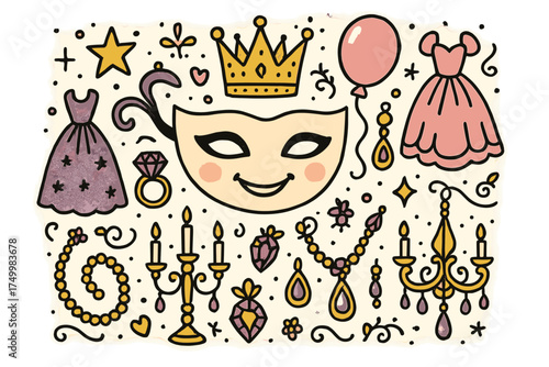 Royal Masquerade Doodle. Royal masquerade illustration doodle style: hand drawn mask with smile, crown, star, balloon, gowns,