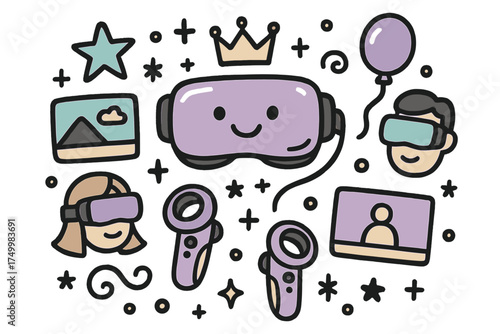 Whimsical VR Doodle. VR expo illustration doodle style: hand drawn VR headset with smile, crown, star, balloon, avatars, screens,
