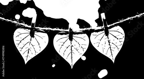 Three White Heart-Shaped Leaves Clamped on a String with Clothes Pins.