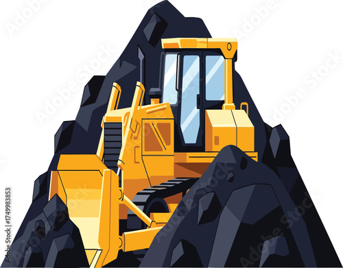 Vector, illustration of a bulldozer at a coal mine with coal materials, poster, printing, design, background, sticker,