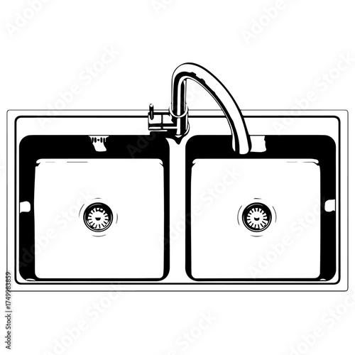 Top-Down View of a Shiny Stainless Steel Double Kitchen Sink with Faucet.