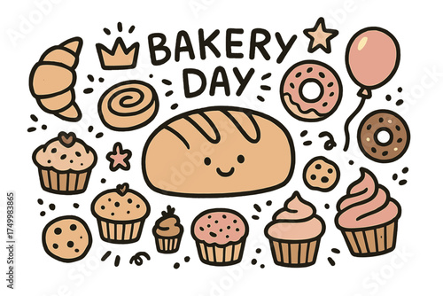 Cute Bakery Doodle. Bakery day illustration doodle style: hand drawn bread loaf with smile, pastries, crown, star, balloon, donuts