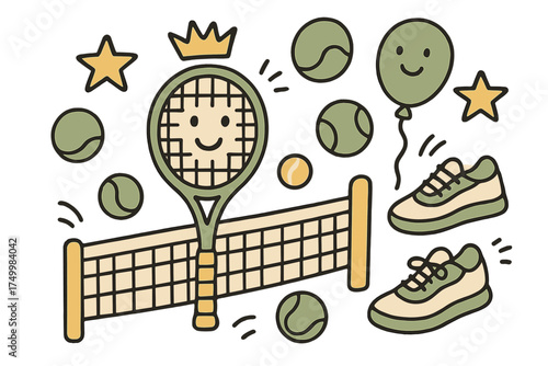 Tennis Doodle Fun. Tennis match illustration doodle style: hand drawn racket with smile, crown, star, balloon, balls, net, and