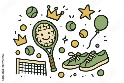 Tennis Doodle Fun. Tennis match illustration doodle style: hand drawn racket with smile, crown, star, balloon, balls, net, and