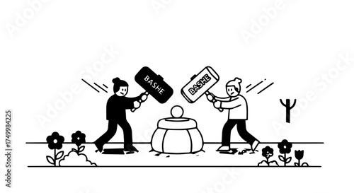 Two Cartoon Figures Hitting a Mochi Rice Cake with Hammers, Black and White.