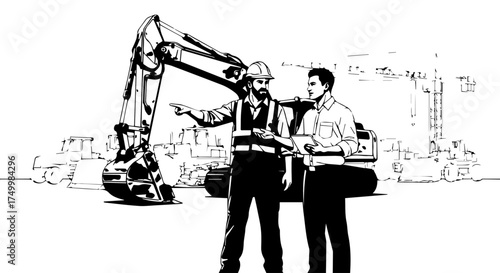 Two construction workers inspect a compact excavator at a busy construction site.