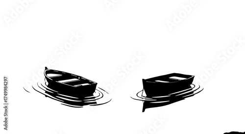 Two Small Black Boats Gliding Quietly Across White Water in Ink Illustration.