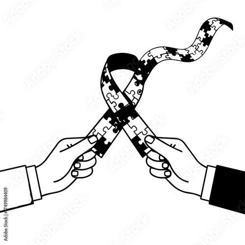 Two hands hold a puzzle ribbon forming a loop, symbolizing collaboration and shared problem solving.