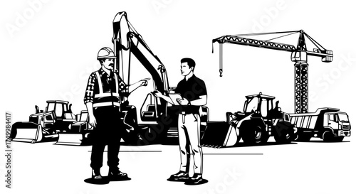 Busy construction site with heavy machinery, cranes, and workers coordinating at a development project.