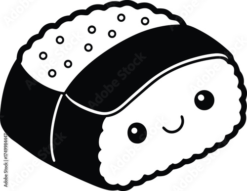 Kawaii sushi icon with smiling face simple black silhouette illustration traditional Japanese cuisine design element