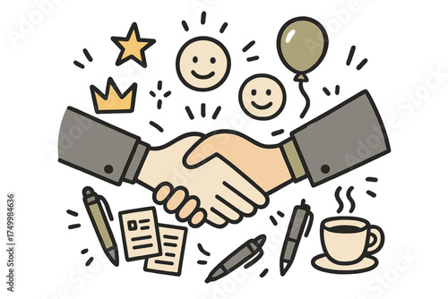 Friendly Negotiation Doodle. Negotiation illustration doodle style: hand drawn handshake with smile, crown, star, balloon,
