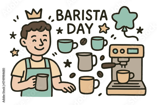 Cheerful Barista Doodle. Barista day illustration doodle style: hand drawn barista with smile, crown, star, balloon, coffee