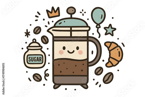 Cheerful French Press Doodle. French press illustration doodle style: hand drawn french press with smile, crown, star, balloon,