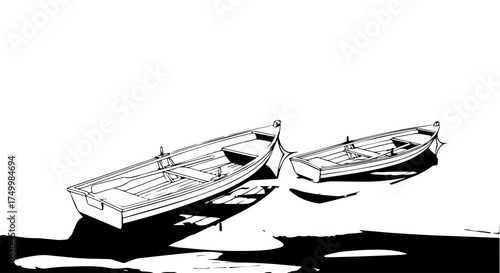 Two Wooden Rowboats Floating Side-by-Side, Casting Shadows on Water Surface.