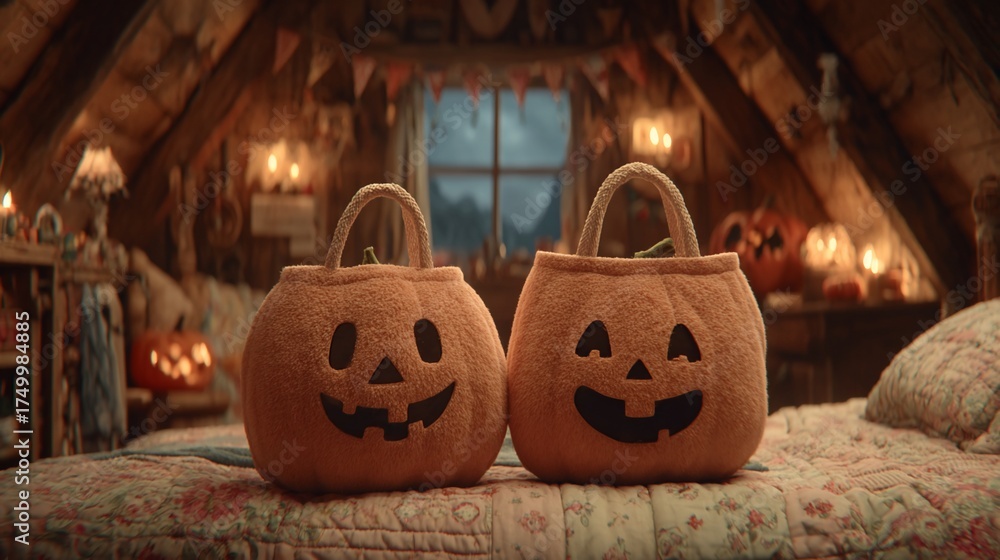 Fototapeta premium Festive Halloween pumpkin basket in cozy attic setting ready for trick or treat adventures