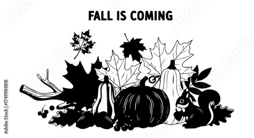 Black and White Autumnal Composition Featuring Pumpkins, Leaves, and Squirrel Silhouette.