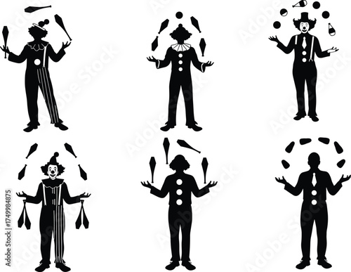 Black and white clown juggling illustration, circus performance, comedy entertainment, carnival art, skillful juggling act, vintage drawing, symbolic artwork, Christmas zombie