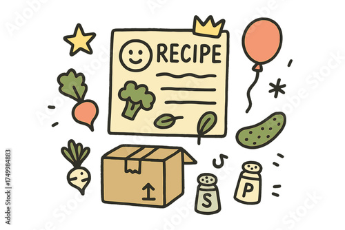 Doodle Recipe Card. Meal kit delivery illustration doodle style: hand drawn recipe card with smile, crown, star, balloon, box,