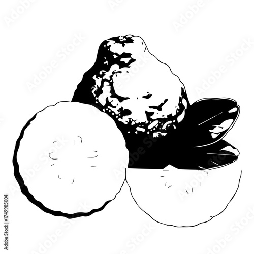 Black and White Bergamot Citrus Fruit with Sliced Sections and Leaves.
