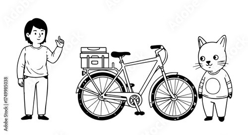 Black and White Bicycle with Luggage Rack, Detailed Spokes, and Comfortable Seat.