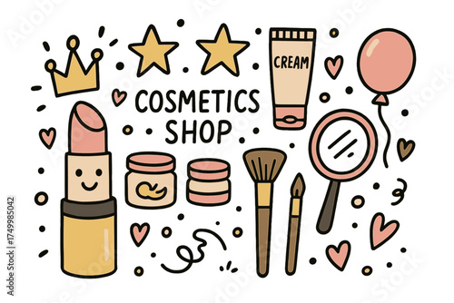 Cute Cosmetics Doodle. Cosmetics shop illustration doodle style: hand drawn lipstick with smile, crown, star, balloon, creams,