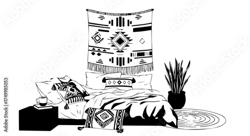 Black and White Bohemian Bedroom Illustration Featuring Bed, Rug, and Plants.