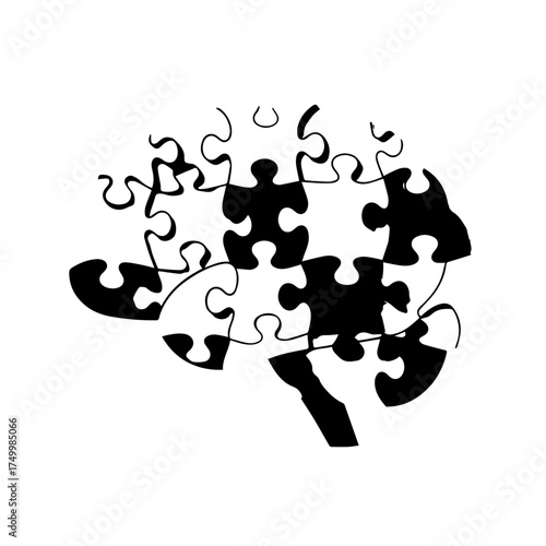 Black and White Brain Puzzle Illustration Representing Cognitive Function and Problem Solving.