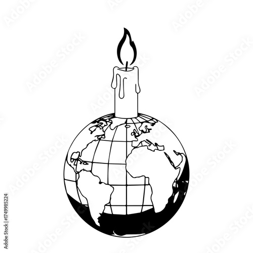 Black and White Candle Burning atop Earth Globe Symbolic Illustration.