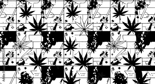 Black and White Cannabis Leaf Pattern with Detailed Veins and Texture.