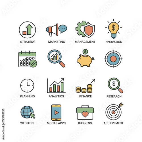 A stylish flat‑line icon set tailored for designers and developers, featuring icons for business, marketing, management, strategy, planning, analytics, finance, and market research, suitable for