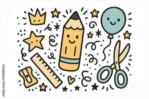 Cute School Supplies. School supplies illustration doodle style: hand drawn pencil with smile, crown, star, balloon, ruler,